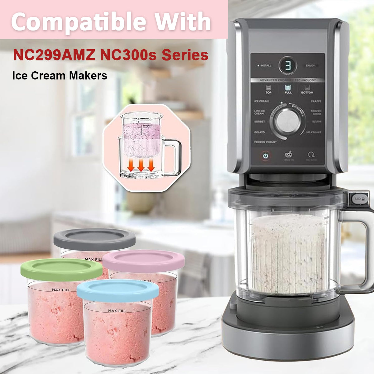 HASTHIP® 4Pcs 16Oz Ice Cream Tubs Compatible with Ninja CREAMi Ice Cream Maker NC300, NC299AM Ice Cream Tubs Ice Cream Pints with Lids for Ninja Ice Cream Maker, with 4 Color Spoons & Ice Cream Scoop