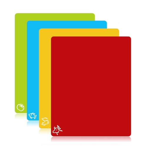 HASTHIP® 4 Pieces Flexible Cutting Boards, BPA Free Plastic Chopping Board Set, Non-Slip, Dishwasher Safe, Food Prep Mats for Meat, Vegetables, Fruits, Color Coded Kitchen Cutting Board 38x34.5cm