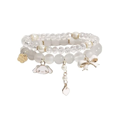 HASTHIP® 2pcs Crystal Bead Bracelet for Woman Girls Cinnamoroll Charm Friendship Bracelet for Girls, Dual Layered Cartoon Beige Elastic Bracelet for Women Girls Teens Birthday Christmas Gift