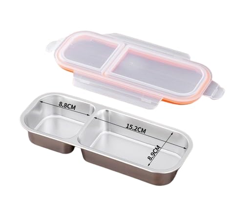 HASTHIP® Stainless Steel Reusable 2 Compartment Condiment Box with Lids, Grab and Go Divided Snack Food Storage Containers Sauce Cups for School, Travel-Metallic