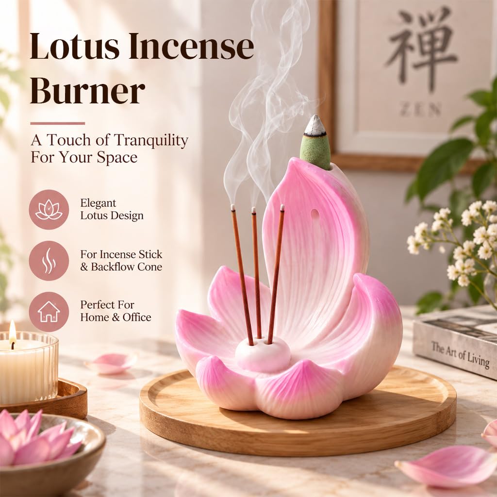 HASTHIP Lotus Incense Burner, 4-Hole Resin Stick Holder with Leaf Tray for Pooja and Meditation