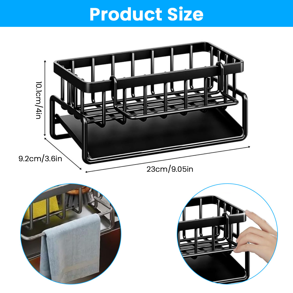 HASTHIP® Sponge Holder for Kitchen Sink, Stainless Steel Sink Caddy with Self Drain Tray, Rustproof Kitchen Sink Organizer Brush Caddy Sponge Rack for Kitchen Accessories, 23x10x12cm
