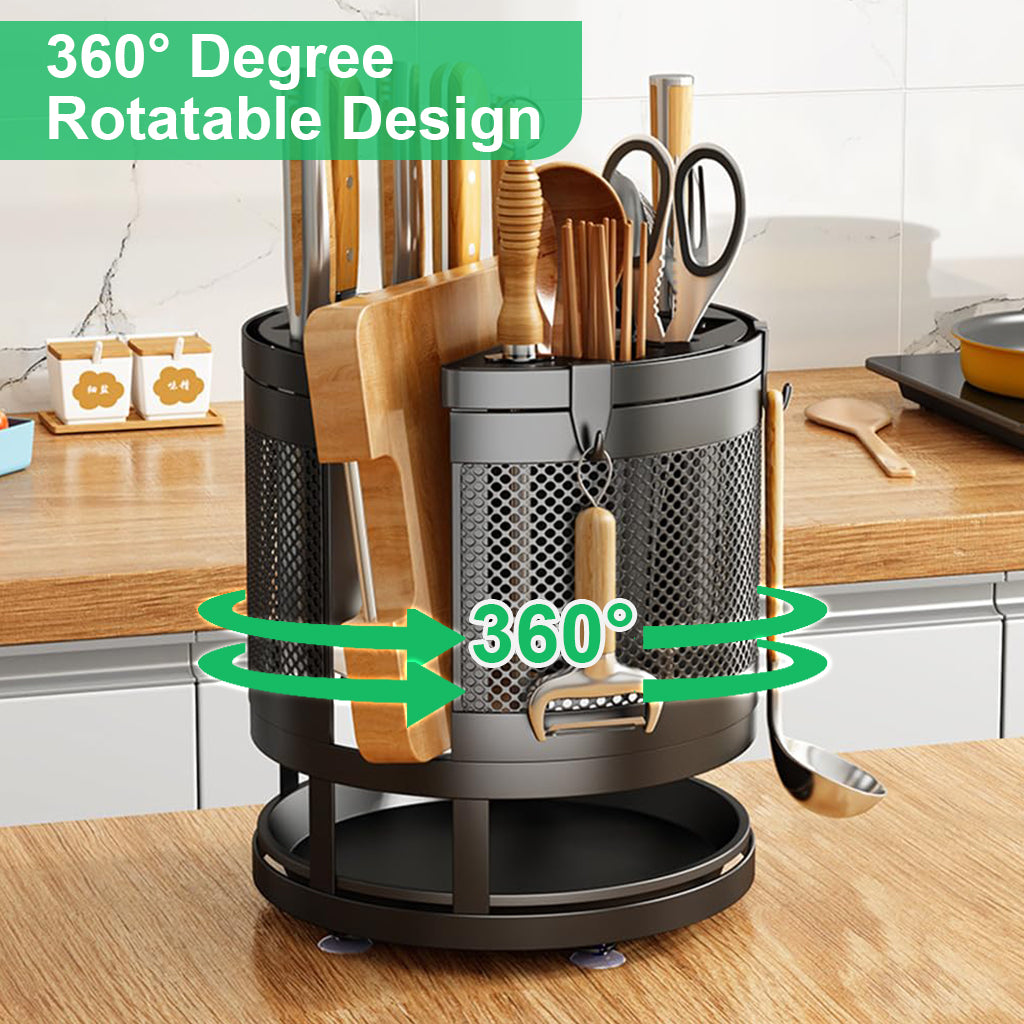 HASTHIP® Kitchen Organizer Rotatable Carbon Steel Multi Compartment Modern Kitchen Utensil Organizer Tableware Draining Rack Cutting Board Rack Cutter Holder Storage Holder with 4 Hooks, 23.5x24cm