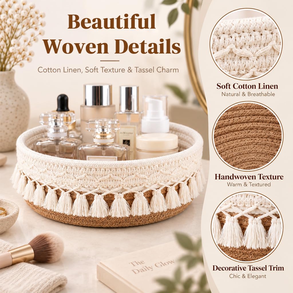 HASTHIP Cotton and Jute Storage Basket, Handwoven Boho Organizer for Cosmetics and Daily Essentials