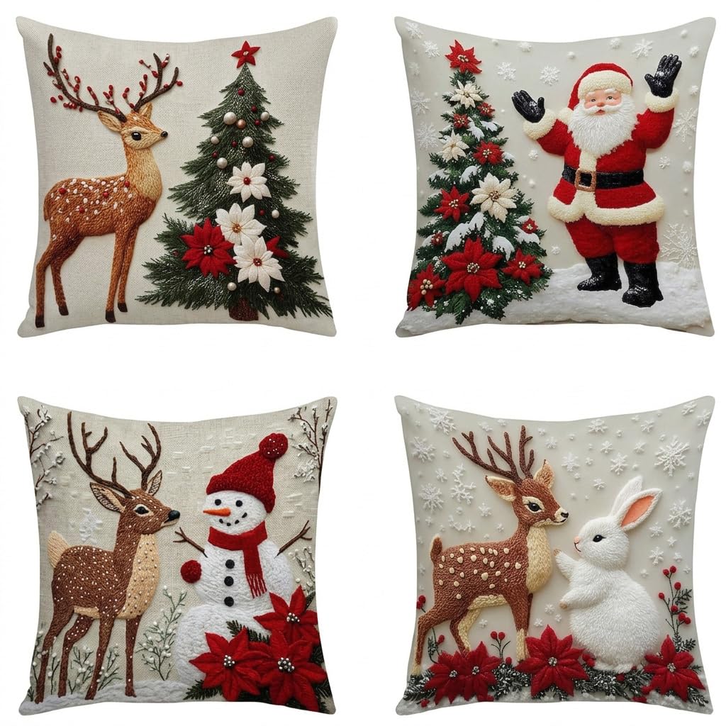 HASTHIP Christmas Cushion Covers, Set of 4, 45 x 45 cm, with Reindeer, Santa and Snowman Prints