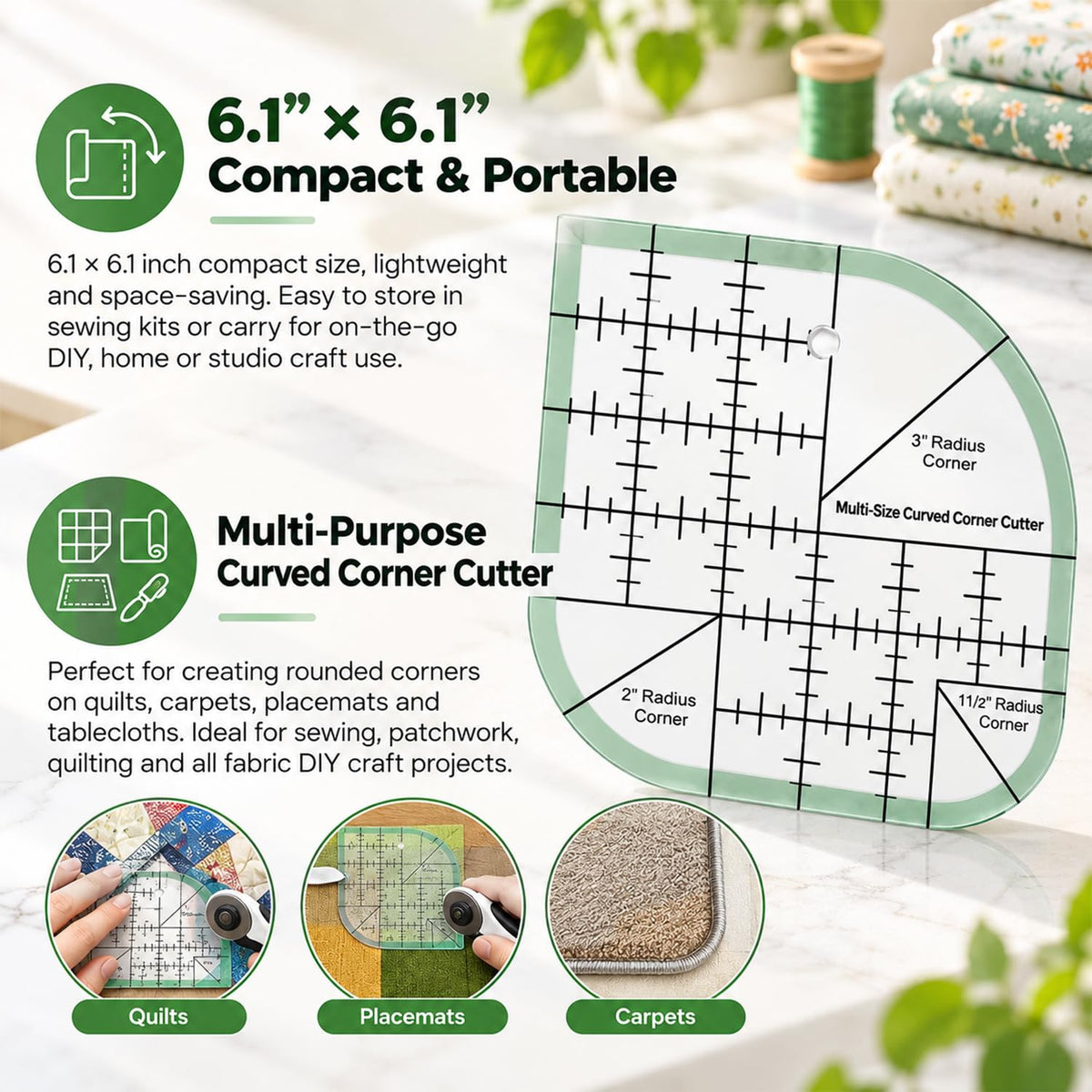 HASTHIP Curved Corner Quilting Ruler in Clear Acrylic, Three Radius Sizes and 45°/90° Markings