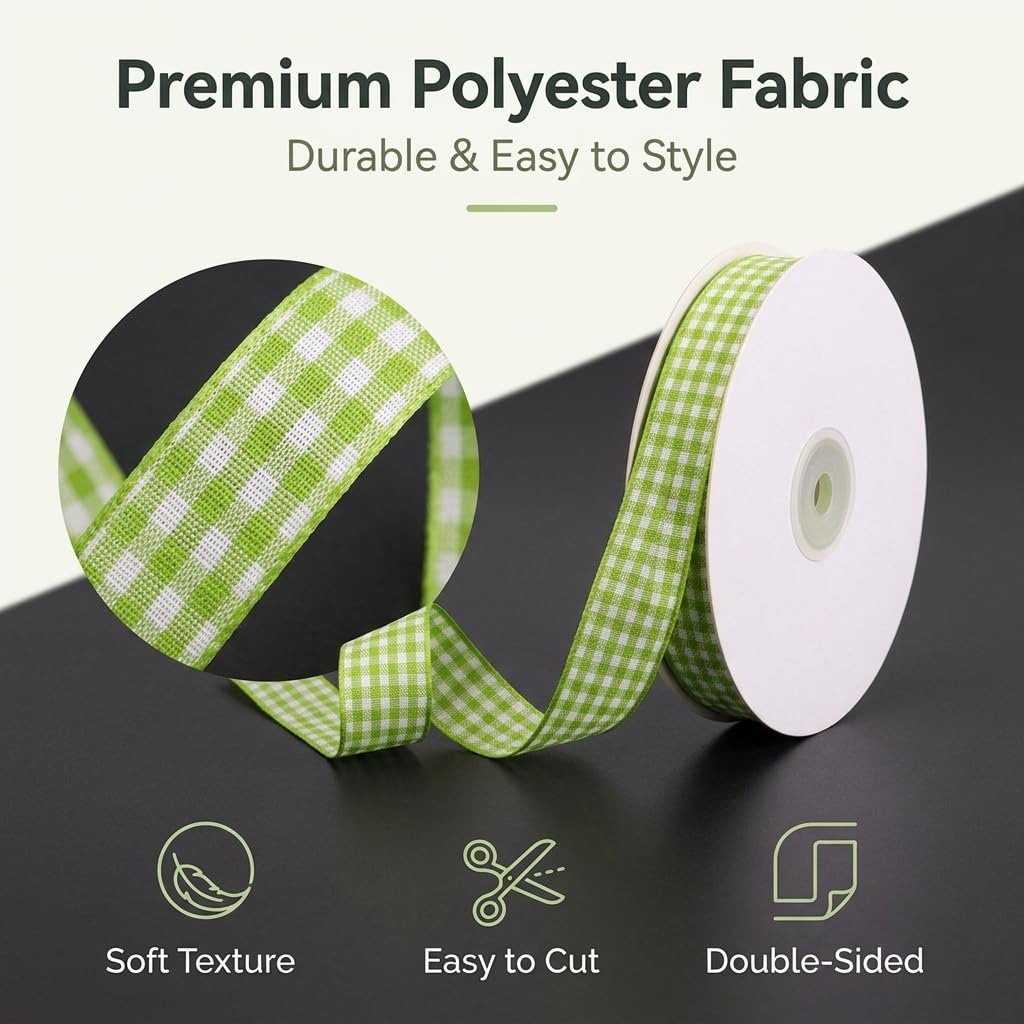 HASTHIP Sage Green Gingham Ribbon Set for Crafts, Gifts and Decorative Wrapping in Polyester