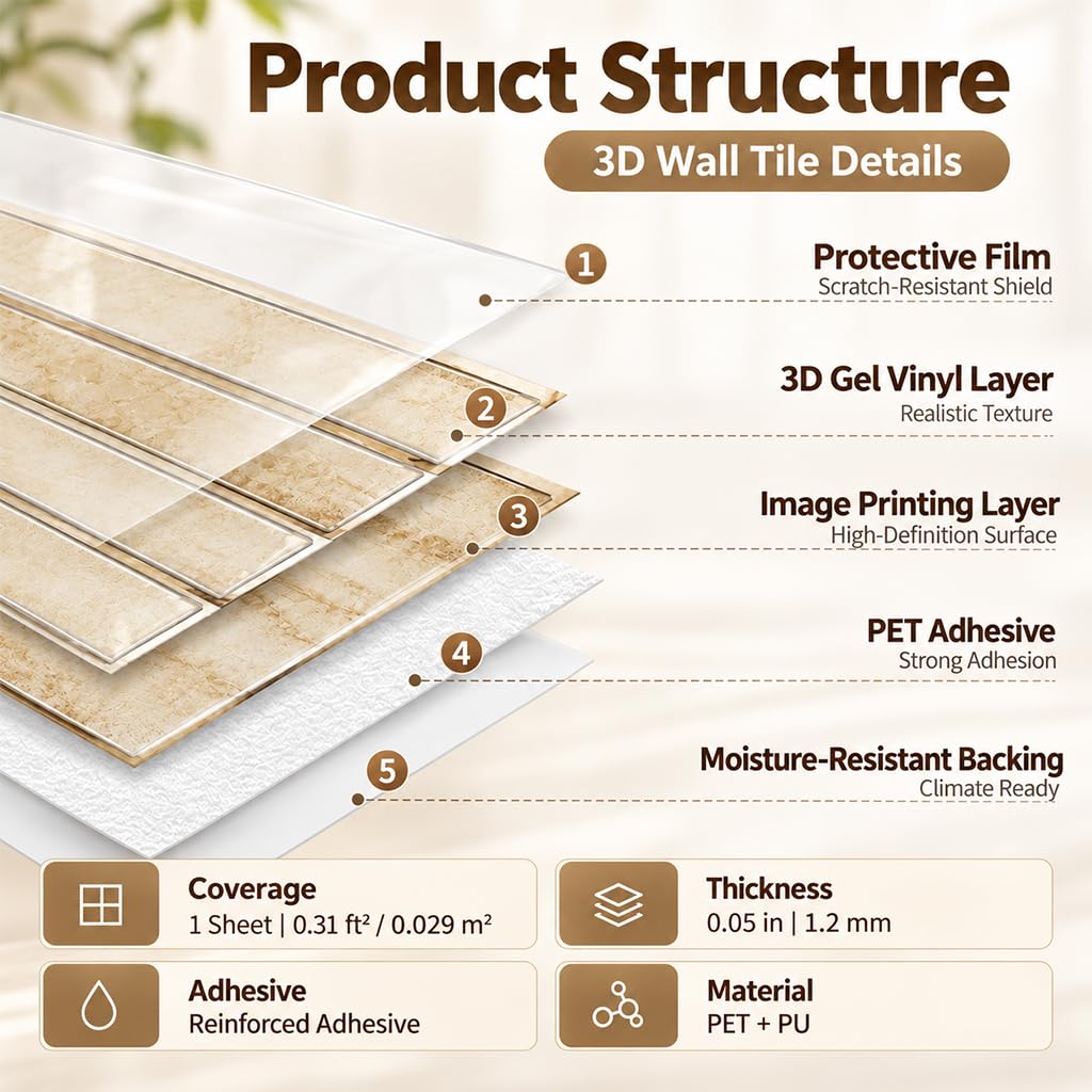 HASTHIP 3D Peel-and-Stick Backsplash Tiles, 10 Sheets in Chestnut for Easy DIY Wall Updates