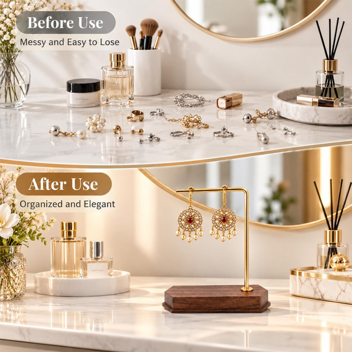 HASTHIP Earring Display Stand with Metal Frame, Wooden Base and Bronze Finish, 11.5 cm Tall