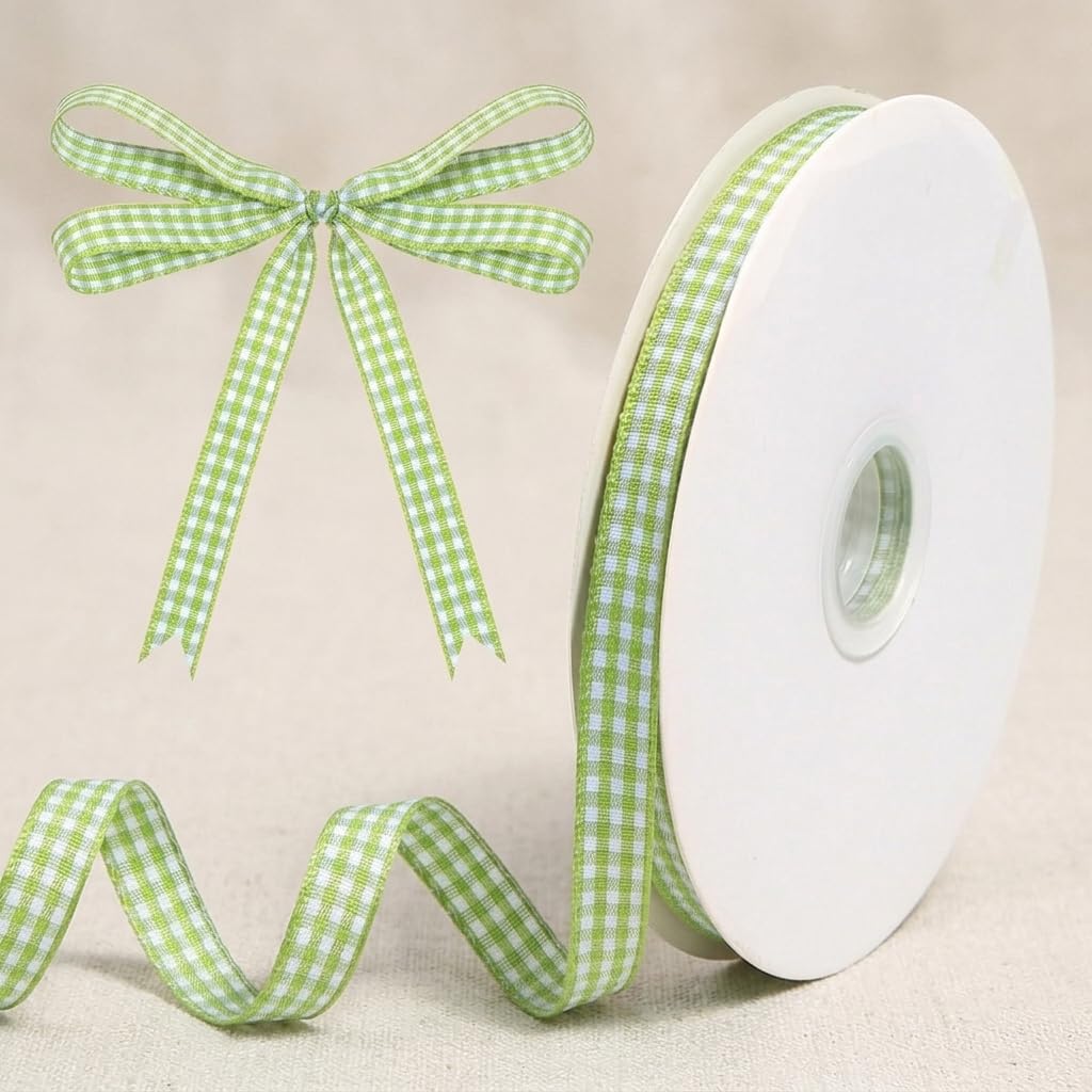 HASTHIP Sage Green Gingham Ribbon Set for Crafts, Gifts and Decorative Wrapping in Polyester