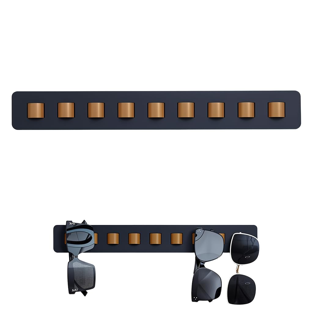 HASTHIP Wall Mounted Sunglasses Organizer for Bedroom with 9 PU Loops and Wooden Rack | No Drill Eyewear Display