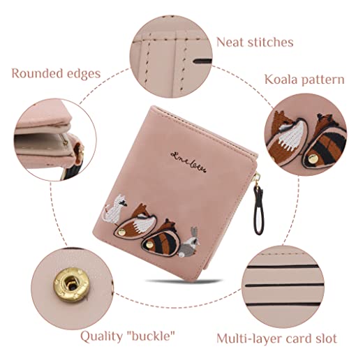 HASTHIP® Wallets for Women Stylish PU Leather Coins Zipper Pocket Cute Mini Animals Embroidery Short Wallet Card Holder Billfold Purse Wallet Gift for Girls (Pink)