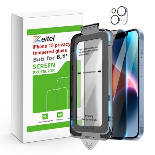 HASTHIP® Privacy Screen Protector foriPhone 15 6.1 inches Tempered Glass Easiest 2-Step Installation Auto-Alignment HD Screen Protector Kit with 2 Pieces Screen Protectors and Accessories