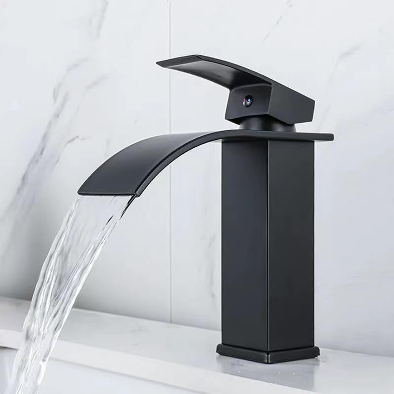 HASTHIP® Matte Black Waterfall Bathroom Faucet, Stainless Steel Single Handle Mixer Sink Faucet, Deck-Mounted Single Hole Vanity Faucet with Curved Spout, Modern Lavatory Basin Tap