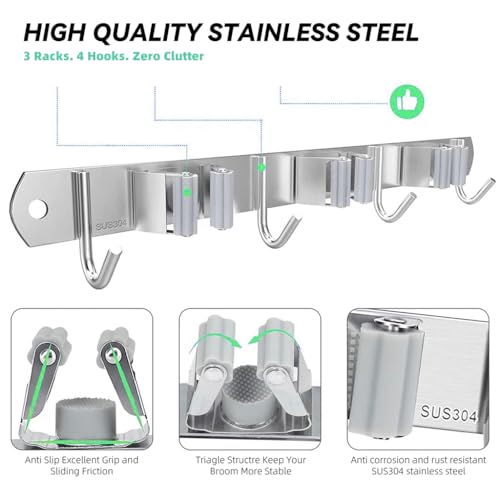 HASTHIP® Broom Holder Wall Mounted, Stainless Steel Mop and Broom Organizer with 3 Racks & 4 Hooks, Heavy Duty Wall Storage for Kitchen Bathroom Garage Garden Laundry Room