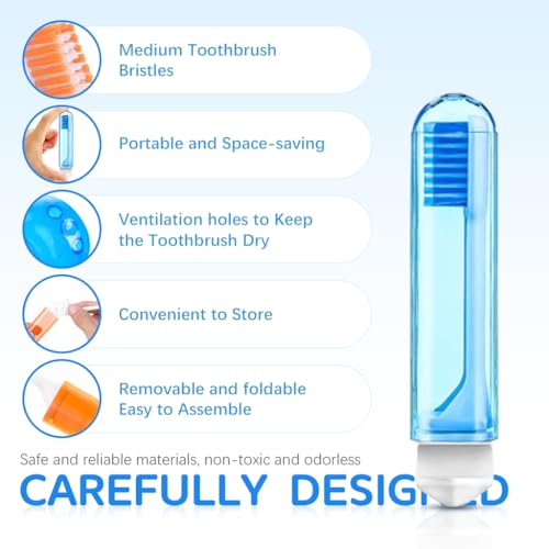 HASTHIP® 6Pcs Travel Toothbrush,Folding Mini Soft Toothbrush for Adults,Portable with Case Individually Wrapped Compact Size for Travel Camping Hygienic Caps Medium Bristles Assorte