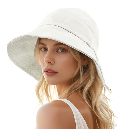 HASTHIP® Sun Hats for Women, Wide Brim Bucket Hat UV Protection Beach Hat for Women with Chin Strap, Outdoor Casual Womens Hats, Adjustable Tie-Back