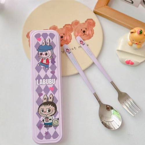 HASTHIP® Fork for Kids Eating Set of 2Pcs Cute Spoon and Fork with Storage Case,7.87 inch Kids Utensils for Lunch Box,Easy to Clean and -Purple