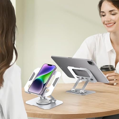 HASTHIP® Tablet Stand Holder 4.7-12.9 Inch, Adjustable Foldable 360° Rotatable Desktop Riser for iPad, Android, Huawei, Surface & Tablets, Ergonomic Anti-Slip Aluminum Cooling Base for Office, Silver