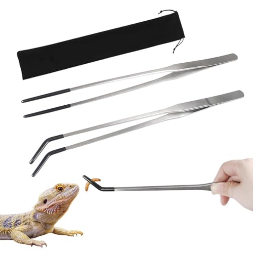 HASTHIP® 2PCS Stainless Steel Reptile Feeding Tongs, 10.6" Long Tweezer Set with Rubber Tips, Straight & Curved Feeding Tools for Bearded Dragon, Lizard, Snake, Gecko, Aquarium, Terrarium Accessories