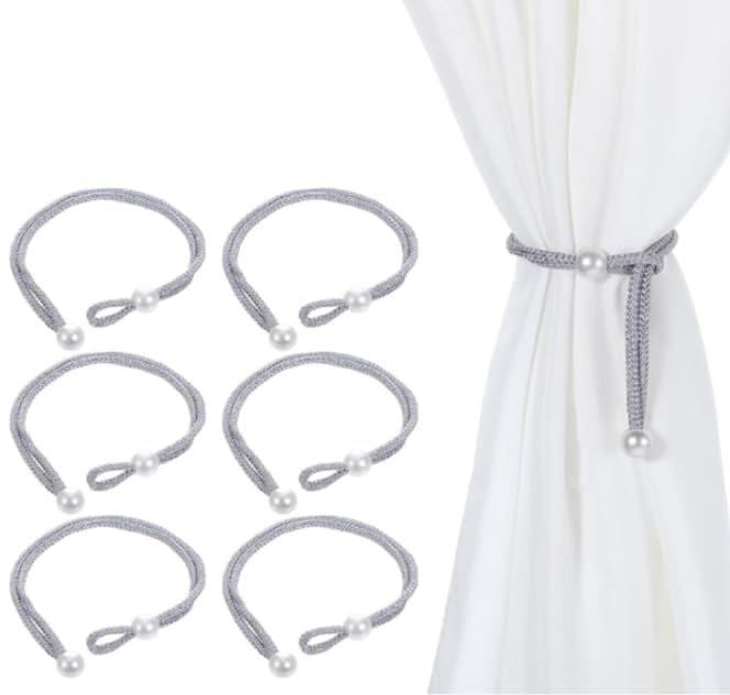 HASTHIP® 6pcs Adjustable Magnetic Curtain Tiebacks, Pearl Decorative Rope Holdbacks for Drapes, No-Drill Curtain Holdbacks, Grey Window Treatment Tie Backs for Home Bedroom Office