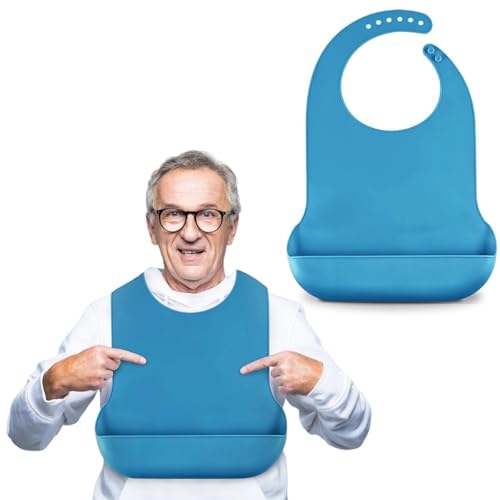HASTHIP® Silicone Reusable Adult Bib, Waterproof Dining Bib for Elderly & Patients, Adjustable Neck Strap, Easy Clean, Catch-All Pocket, Small Size 17.7x11.4 Inches, Blue