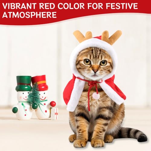 HASTHIP® Christmas Hat & Scarf, Chrismat Cat Clothes for Cat Warm Cloak, Dress Up Costume Chrismat Red Elk Cloak Adjustable Drawstring Hat for Photogaphy Prop Christmas Party - Neck 46CM
