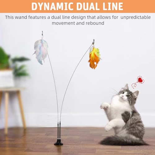 HASTHIP® Cat Feather Toy with Suction Cup Base, Dual-Wire Wand Interactive Teaser with Colorful Feathers for Indoor Cats Play and Exercise