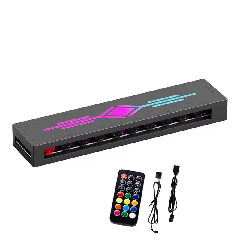 HASTHIP® Concentrador PWM y ARGB 1 a 10 Puertos Hub de Ventiladores PC con Control Remoto,Compatible con 5V 3Pin ARGB,Divisor de Ventilador y Cable USB para Caja CPU