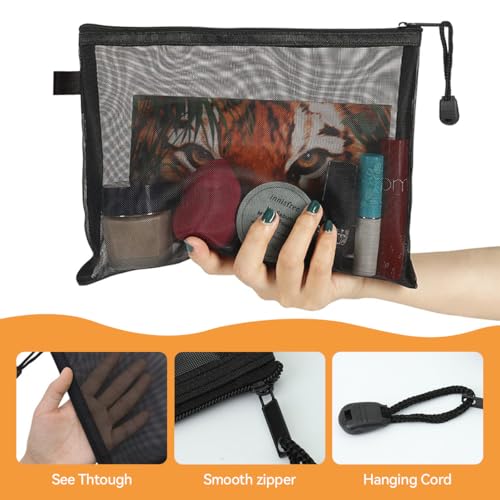 HASTHIP® 6 Pack Mesh Makeup Bags, Nylon Zipper Pouches for Cosmetics, Travel Organizer for Home, Office, Purse, Diaper Bag - Black