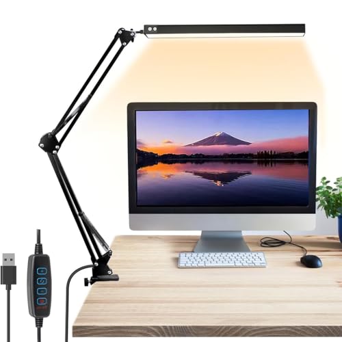 HASTHIP® LED Desk Lamp with Clamp, USB Powered, 3-Color Modes, Dimmable Eye-Caring Reading Light, Flexible Gooseneck, Adjustable Brightness, Table Lamp for Home, Office, Study, Crafting (Black)
