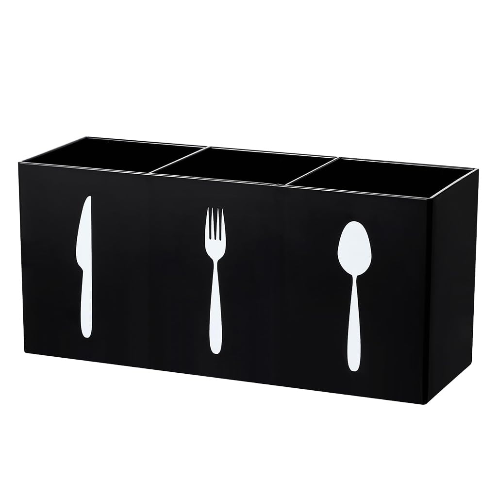 HASTHIP Acrylic Cutlery Storage Organizer for Kitchen with 3 Compartments 19.8x6.5x9cm | Icon Labeled Spoon Fork Knife Holder in Black