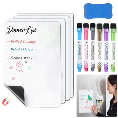 HASTHIP® 4 PCS Magnetic Whiteboard Sheets for Fridge 12x8 inch with 6 Dry Erase Markers & Eraser, Reusable Magnet Board for Refrigerator, Notes, Schedule & Kids Drawing