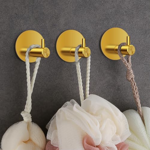 HASTHIP® 4PCS Self Adhesive Wall Hooks Golden Stainless Steel Utility 0.5 Inch Round Rust-Proof Waterproof for Bathroom Kitchen Bedroom Door Back Hanging Bags Hats Towels Keys