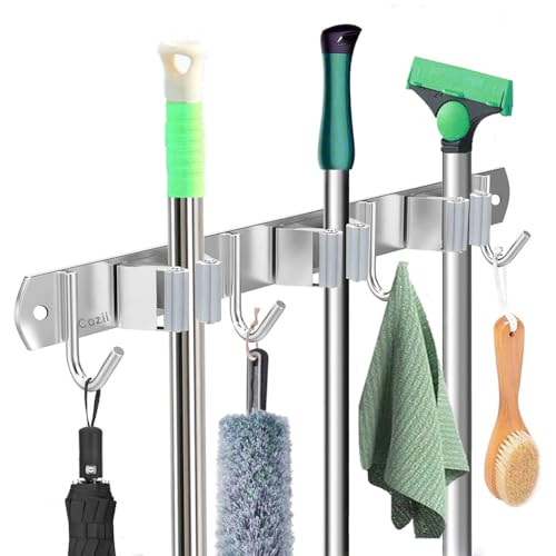 HASTHIP® Broom Holder Wall Mounted, Stainless Steel Mop and Broom Organizer with 3 Racks & 4 Hooks, Heavy Duty Wall Storage for Kitchen Bathroom Garage Garden Laundry Room