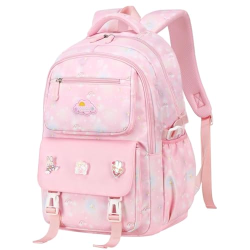 HASTHIP® Girls School Backpack 15.6 Inch, Cute Pink Waterproof Cartoon Bookbag, Oxford Cloth Multi-Compartment Travel Backpack, Birthday Christmas Gift for Schoolgirls