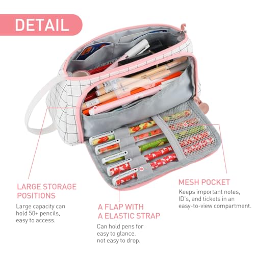 HASTHIP® Pink Schoolgirls Plaid Canvas Pencil Case - Large Capacity Pencil Bag with Multiple Interior Compartments & Handle, Fashionable Stationery Organizer for Students, Travel & Cosmetics