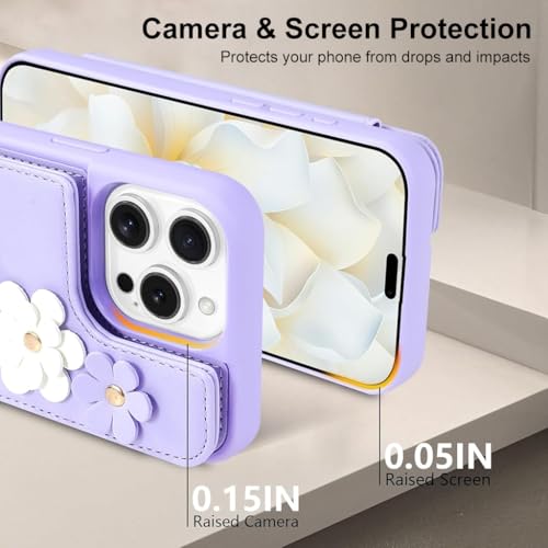 HASTHIP® for iPhone 16 Pro Max Case, Wallet with Card Holder, Cute Flower Design Crossbody Phone Purse for Women, PU Leather Magnetic Kickstand Shockproof Cover with Wrist Strap Phone Case 6.9"