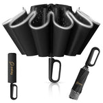 HASTHIP® 50 Inch Large Travel Umbrella with Reflective Strip, Auto Open Close 3-Fold Compact Windproof Sun & Rain Umbrella, 10 Dual Ribs Reinforced Canopy, UV Protection for Men Women (Black)