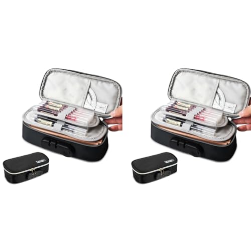 HASTHIP® Canvas Large Capacity Pencil Case with Combination Lock 4 Layer Compartments Big Pencil Pouch for Boys Girls Waterproof Box Pen Insert Compartment School Black 2PCS