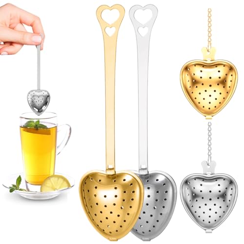 HASTHIP® 4Pcs Stainless Steel Tea Infuser Strainer Set,Fine Mesh Loose Leaf Tea Filter with Hooked Chain,Heart-Shaped Strainer for Cup Food Grade Herbal Steeper Reusable Travel Accessory
