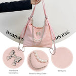 HASTHIP® PALAY Crescent Hobo Bag para Mujer,Bolsa de Hombro y Cruzada de Nailon,con Múltiples Bolsillos Bolso Casual Viaje Bolso Mano Convertible con Cadena y Lazo Rosa
