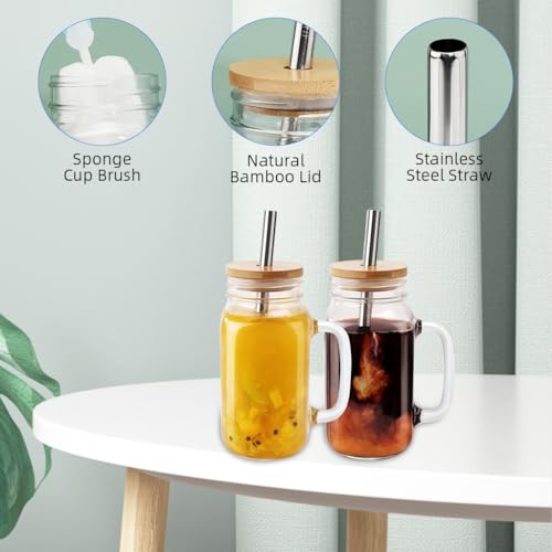 HASTHIP® 4Pcs 16oz Mason Jar Glass Cups with Handle, Lids & Straws, Cold Brew Iced Coffee, Tea, Smoothie, Juice Drinking Glasses for Home & Outdoor