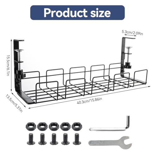 HASTHIP® Under Desk Organizer Cable Organizer No Drill Carbon Steel Wire Organizer Power Extension Holder Cable Organizer Removable Utility Under Desk Wire Organizer, 40x13x15cm