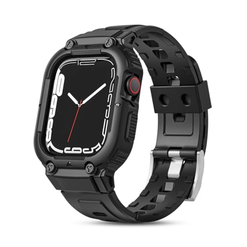 HASTHIP® Compatible with Apple Watch 45mm/44mm Watch Band with Case Bumper Band Adjustable Waterproof TPU Watch Strap for Apple Watch SE/4/5/6/7, for Men and Women, Black