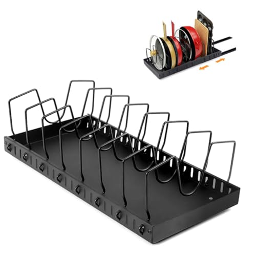 HASTHIP® Pull Out Pot Lids Organizer Rack, Pot Lid Holder with 8 Adjustable Compartment
