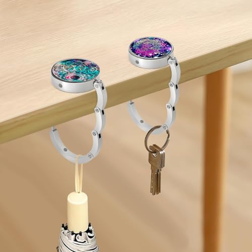 HASTHIP® 6PCS Aesthetic Mandala Metal Desk Bag Hanger Portable Folding Ring for Table Office Aluminum Alloy Removable Hooks Handbag Backpack