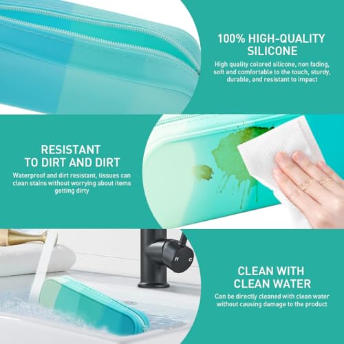 HASTHIP® Large Capacity Silicone Pencil Case for Girls, Stylish Gradient Green Zipper Pouch, Waterproof Durable School Stationery Organizer, Multipurpose Pen Bag for Office, Teens, Kids Gifts