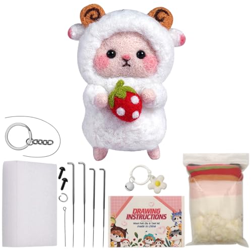 HASTHIP® Needle Felt Wool Craft Kit for Beginners, DIY Handmade Felt Keychain Set - Make Strawberry & Lamb Bag Charms, Complete Needle Felting Kit with Tools & Step-by-Step Guide, Creative Gift for Kids & Adults