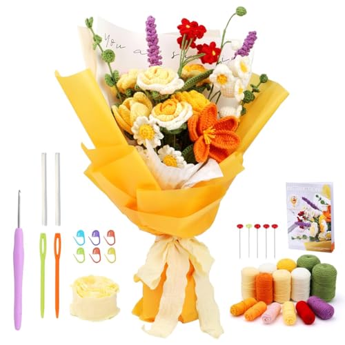 HASTHIP® DIY Crochet Kit for Adults Rose Flower Bouquet, Complete Yarn Crochet Set with Hooks, Step-by-Step Tutorial, Craft Gift for Women & Girls, Handmade Flowers Home Decor